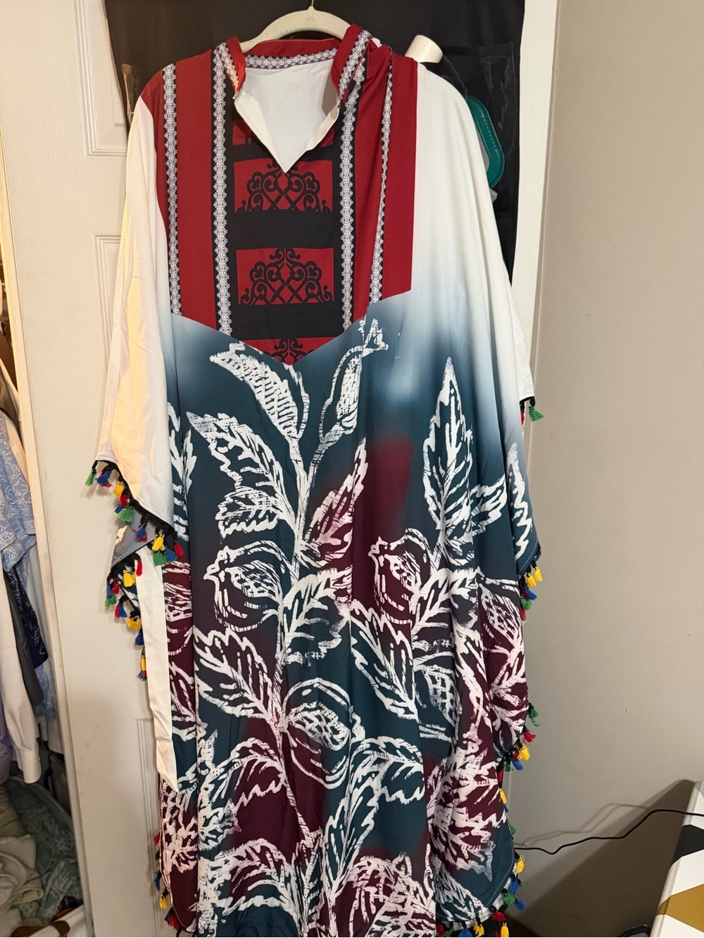Boho Tassel Kaftan Dress in Teal, Burgundy & White